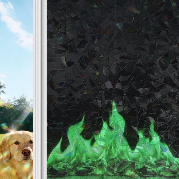 Green Flames Rainbow Window Privacy Film, Neon Style Black Background Stained Glass Window Film, Sun Blocking Glass Clings Static Cling Non Adhesive Door Stickers 17.7 x 39.3 Inches