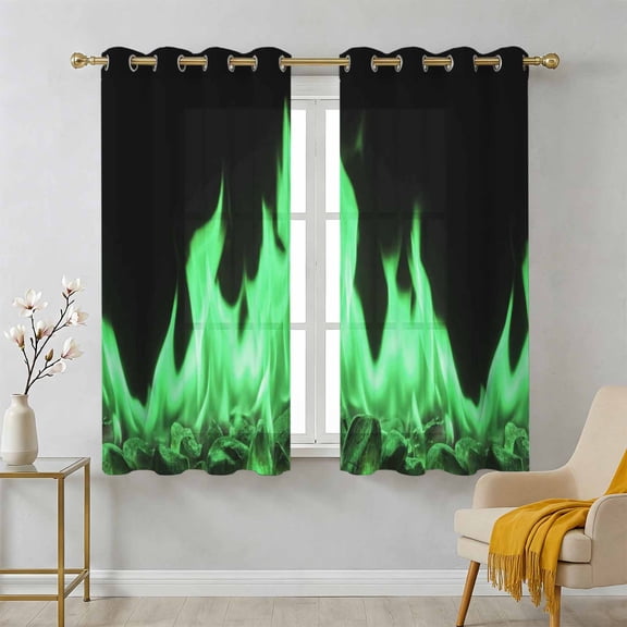 Green Flames Sheer Curtains 45 Inch Long 2 Panels, Neon Style Black Background Light Filtering Semi Sheer Drapes Grommet Voile Window Curtain for Living Bedroom W42 x L45