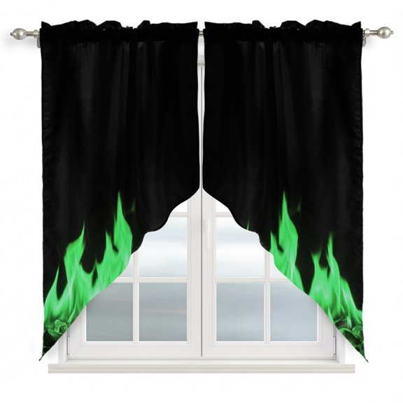 Green Flames Swag Curtain Valance for Window 2 Panels Neon Style Black Background Rod Pocket Small Window Swag Valances for Kitchen Bedroom Bathroom 28" W x 36" L