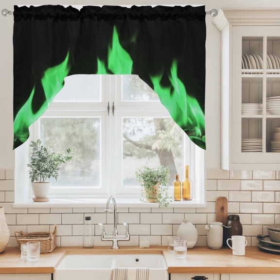 Green Flames Swag Curtain Valance for Windows, Neon Style Black Background Swag Curtains Drapes Rod Pocket for Kitchen Bathroom Small Window, 1 Panel 56x36in