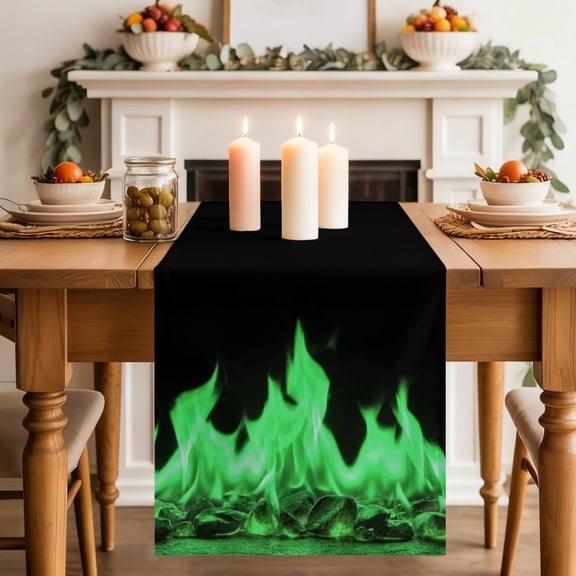 Green Flames Table Runner 13x36 Inch Neon Style Black Background Cotton Linen Dining Table Runner Ideal for Dresser Kitchen Coffee Tables - Machine Washable