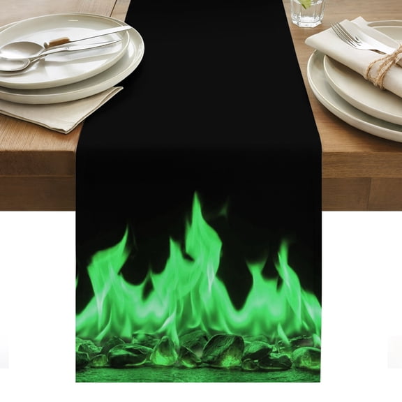 Green Flames Table Runner, Neon Style Black Background Cotton Linen Kitchen Dining Table Runner Cloth Dresser Scarf Decoration for Party Home Decor 13x48in