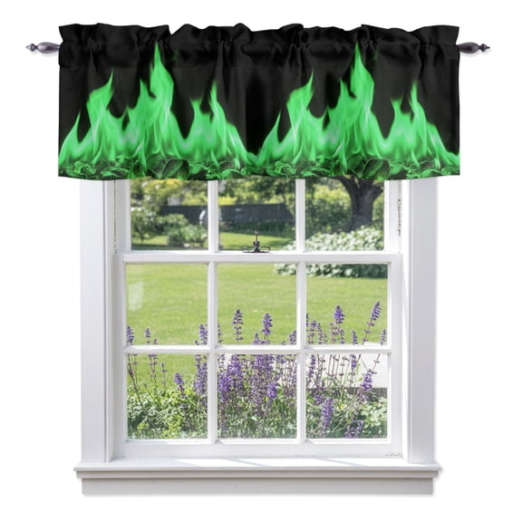 Green Flames Valances for Windows, Neon Style Black Background Valance Window Treatment Rod Pocket Short Curtains Valances for Kitchen Bathroom 54"W x 18"L