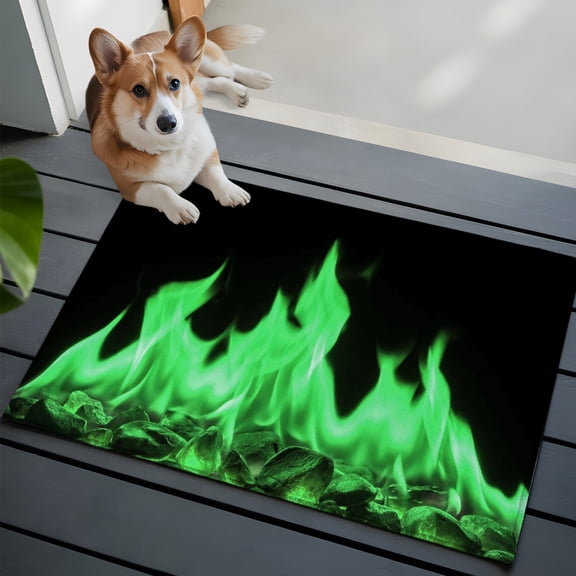 Green Flames Washable Entry Rug 2x3 Neon Style Black Background Low Pile Indoor Door Mat with Rubber Backing Thin Area Rug for for Entrance, Bedroom, Kitchen, Laundry, Bathroom