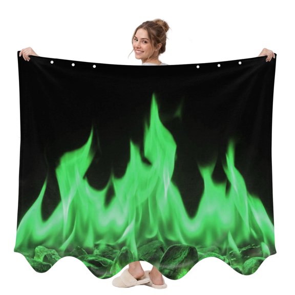 Green Flames Wearable Blanket, Neon Style Black Background Plush Thick Cozy Flannel Oversized Adult Throw Body Wearable Blankets with Pocket Gifts for Women Men 58x64in