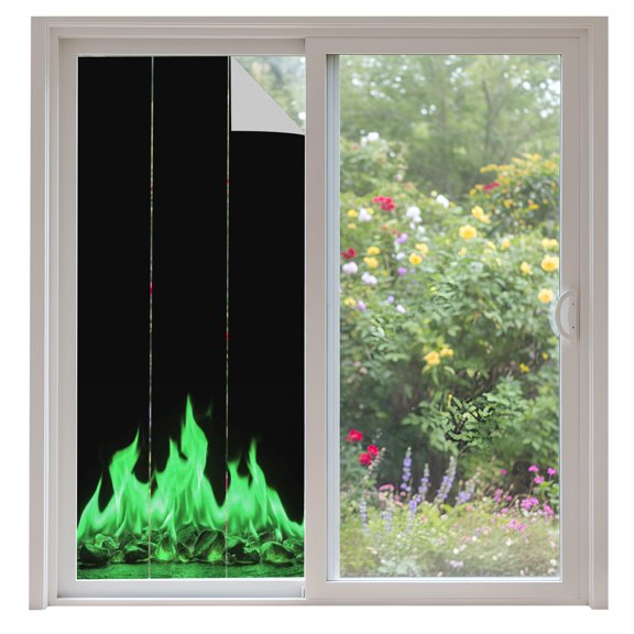 Green Flames Window Privacy Film Neon Style Black Background Decorative Glass Window Film UV Blocking Static Cling Non-Adhesive Sticker Covering for Home Door 35.4x78.7 inches