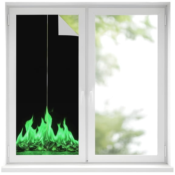 Green Flames Window Privacy Film Neon Style Black Background Decorative Glass Window Film UV Blocking Static Cling Non-Adhesive Sticker Covering for Home Door 19.6 x 39.3 inches