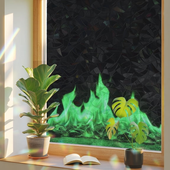 Green Flames Window Privacy Film, Neon Style Black Background Stained Glass Rainbow Film Decorative Window Clings, Static Cling Sun Blocking Stickers 23.6" x 59"