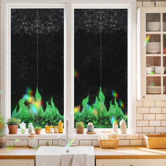 Green Flames Window Privacy Film Neon Style Black Background Static Cling Stained Glass Window Film Non-Adhesive Decorative Decals Rainbow Sticker 17.7"X39.3"