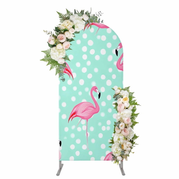 Green Flamingo Arch Backdrop Cover 4FT, Polka Dot Modern Art Spandex Fitted Stretchy Arch Stand Covers, Round Top Chiara Backdrop Cover for Wedding Party Birthday Baby Shower
