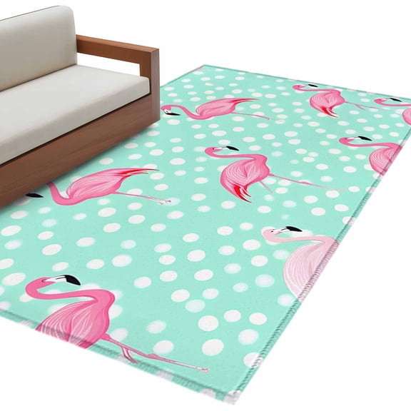 Green Flamingo Area Rug Washable 3x5 Entryway Rug Non-Slip Indoor Low Pile Polka Dot Modern Art Floor Carpet Small Rugs for Bedroom Office Living Room Kitchen Entrance Nursery