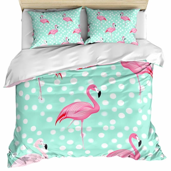 Green Flamingo Bedding 3 Piece Duvet Cover Set Twin Size, Polka Dot Modern Art Soft Microfiber Comforter Cover with Zipper Closure & Pillowcases, Wrinkle & FadeResistant Quilt Cover