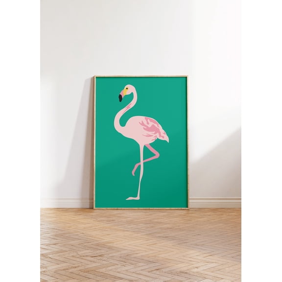Green Flamingo Illustration Modern Boho Wall Art, Stretched Canvas Size 16x24