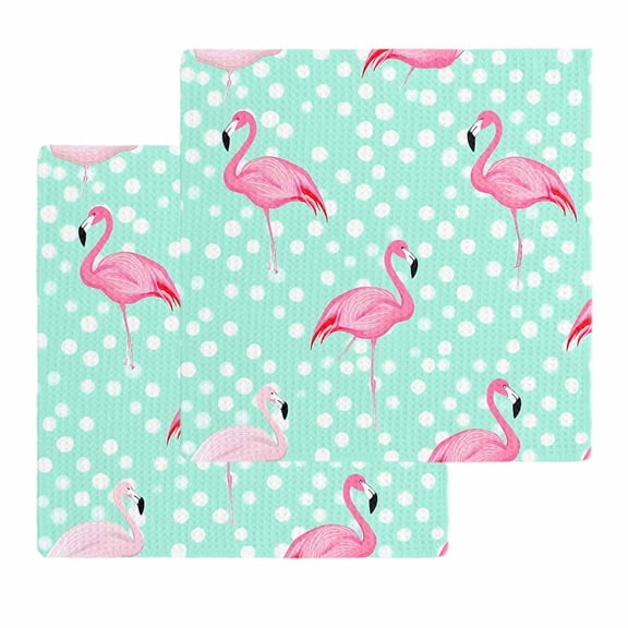Green Flamingo Kitchen Dish Towels for Drying Dishes Set of 2, Polka Dot Modern Art Waffle Weave Microfiber Hand Tea Bathroom Towels Quick Dry & Absorbent Towel 12x12