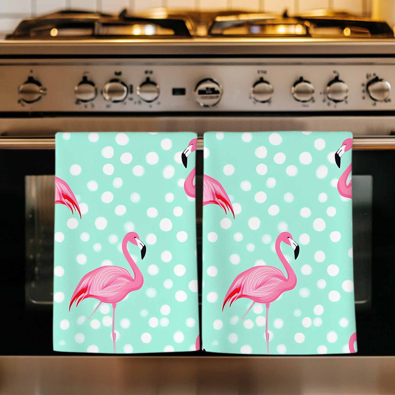 Green Flamingo Kitchen Towels Set of 2, Polka Dot Modern Art Absorbent Dish Towels for Kitchen, Microfiber Hand Towel, Quick Drying Tea Towel for Cleaning Decorative Dishcloths