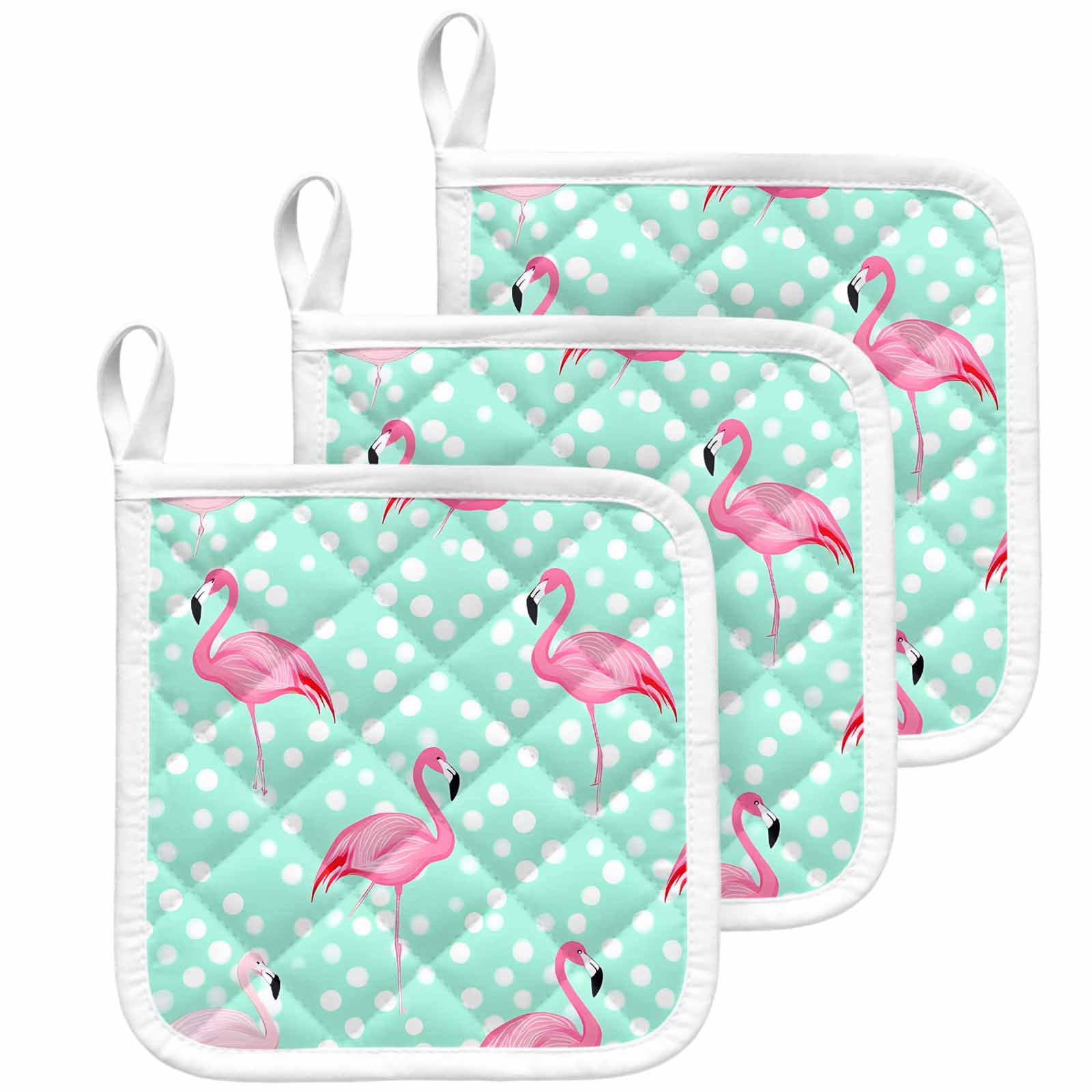 Green Flamingo Pot Holders for Kitchen Heatproof Potholder, 3 Pack Polka Dot Modern Art Hot Pads Multipurpose Oven Pads Cloth Potholders Trivet for Cooking Baking