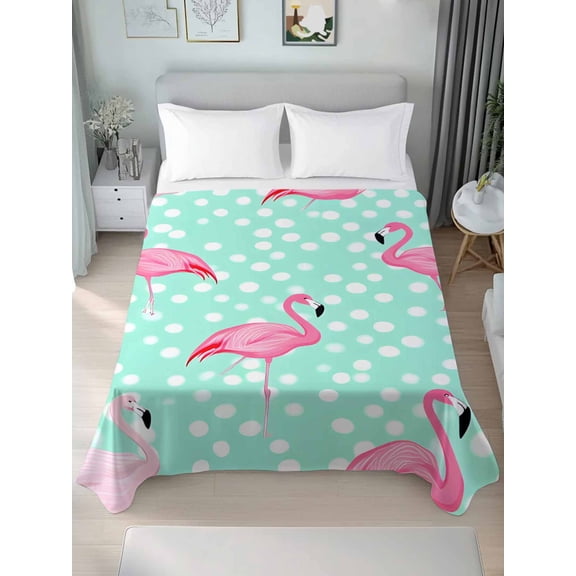 Green Flamingo Queen Size Flat Sheet, Wrinkleproof & Fadeproof Cooling Flat Bed Sheet Only, Polka Dot Modern Art Breathable Soft Bedding Top Sheets 90 x 102 Inches