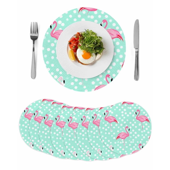 Green Flamingo Round 13 Inch Placemats Set of 8, Polka Dot Modern Art HeatResistant Non Slip Place Mats for Dining Table, Wipeable Braided Kitchen Table Mats for Housewarming