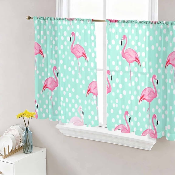 Green Flamingo Semi Sheer Window Curtains 45 Inches Long, Polka Dot Modern Art Rod Pocket Voile Silky Chiffon Curtain Light Filtering Drapes for Living Room, Kitchen, Bedroom, 52"x45", 2 Panels