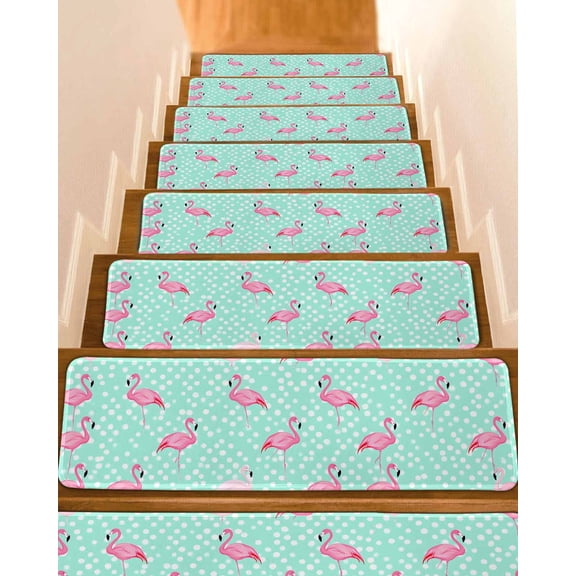 Green Flamingo Stair Treads for Wooden Steps Indoor Runner Rug Carpet, Polka Dot Modern Art 4 Pieces Peel and Stick Staircase Step Treads Covers Washable Throw Door Mats, 30"x8"