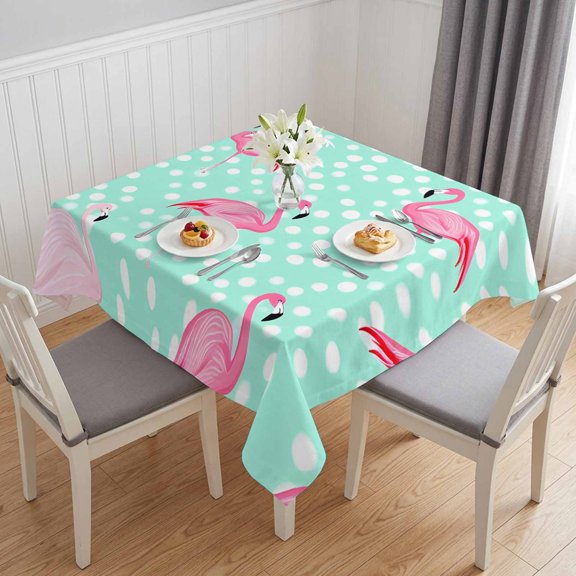 Green Flamingo Table Cloth Waterproof Tablecloths, Polka Dot Modern Art Tablecloth Dining Table Cover for Kitchen Party Tabletop Outdoor, Square Tablecloth 60x60 Inch