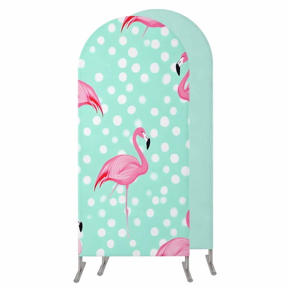 Green Flamingo Wedding Arch Cover, Stretchy Spandex Arch Backdrop Stand Covers 4 FT, Polka Dot Modern Art Round Top Arched Backdrop Cover for Birthday Party Ceremony Baby Shower Event
