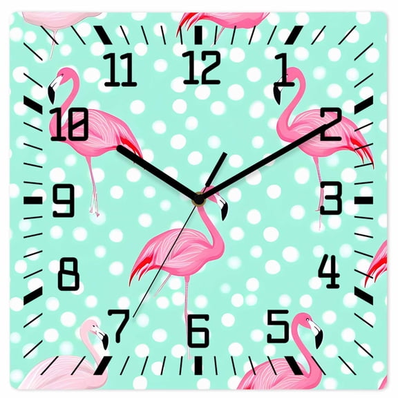 Green Flamingo Wooden Wall Clock Silent Non Ticking, Polka Dot Modern Art Square Wall Clocks Battery Operated, Decor Clock for Home Office, Living Room, Kitchen, 12 Inch