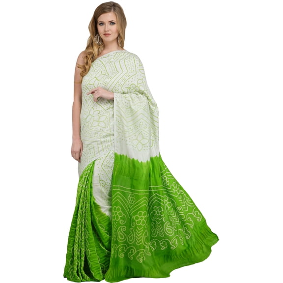 Green-Flash Shaded Bandhani Tie-Dye Gajji Silk Sari from Rajasthan