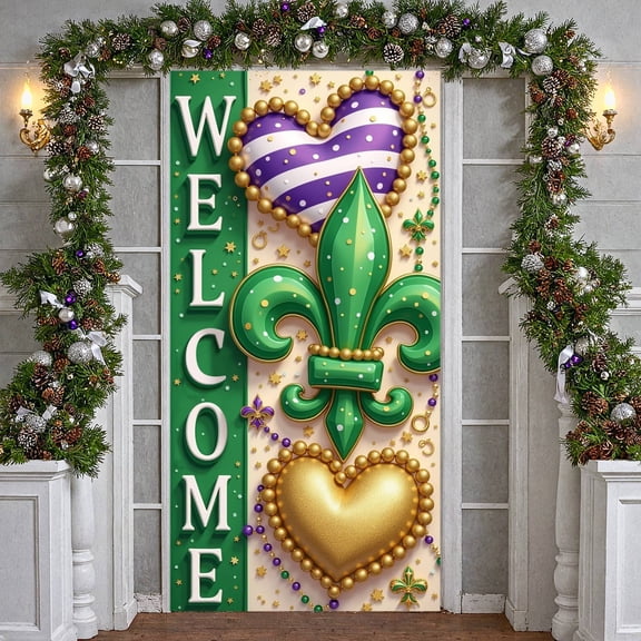 Green Fleur De Lis Mardi Gras Banner Purple White Striped Welcome Backdrop Gold Beaded Heart Shaped Fleur De Lis Display for Mardi Gras Party Welcome Event Indoor Decoration