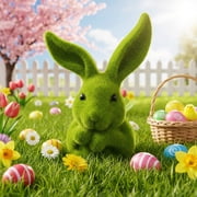 Green Flocked Bunny Figurine, Artificial Moss Covered Rabbit Statue, Cute Easter & Spring Decor for Home, Garden, Tabletop, Shelf Decoration, 6.5 Inches Tall