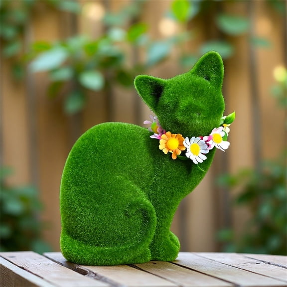 Green Flocked Cat Statue Outdoor Decor, Cute Easter Rabbit Figurine Resin Yard Art Sculpture for Home Garden Patio Lawn Ornaments (Cat_7.09")
