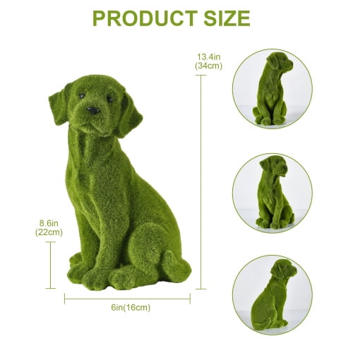 Green Flocked Dog Garden Statue, Curious Sitting Puppy Sculpture, Resin Outdoor Yard Lawn Patio Flower Bed Decor, Gift for Dog Lovers