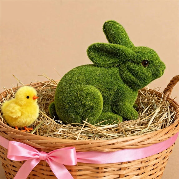 Green Flocked Easter Bunny Figurine, Faux Velvet Spring Tabletop Decor for Mantel, Easter Party Centerpiece or Gift