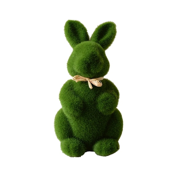 Green Flocked Easter Bunny Figurine – Simulated Grass Plush Rabbit with Gold Ribbon for Tabletop Spring Decor, 8.66" Foam Ornament