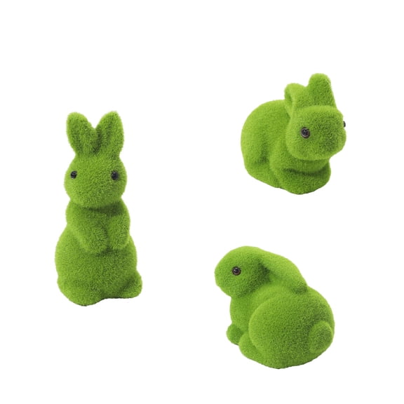 Green Flocked Moss Bunny Figurines - Set of 3 Fuzzy Resin Rabbit Decor for Spring Easter, Farmhouse Table Centerpiece, Shelf, and Garden Display