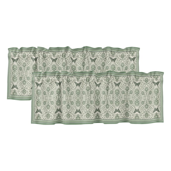 Green Floral 2 Panels Kitchen Valance, Retro Boho Victorian Green Flower Butterfly Texture Curtains Valances for Small Windows Rod Pocket Window Treatments for Living Room Bedroom 54"W x 18"L
