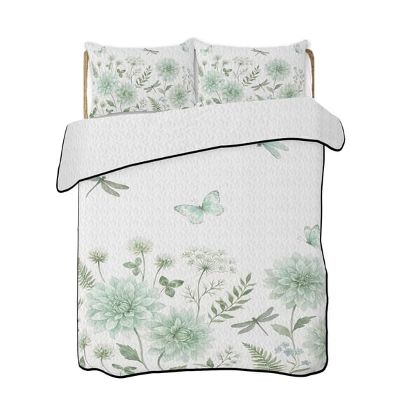 Green Floral 3 Piece Quilt Bedding Set with 2 Pillow Shams, Summer Spring Green Dragonfly Butterfly Lightweight Bedspread Coverlet, Soft Breathable All Season Quilt, 96 x 106 Inch