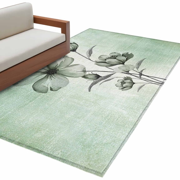 Green Floral 3'x5' Washable Rug, Country Rustic Ombre Painting Art Watercolor Non-Slip Area Rugs for Entryway Kitchen Classroom, Dorm Throw Carpet, Low Pile Soft Indoor Floor Mat