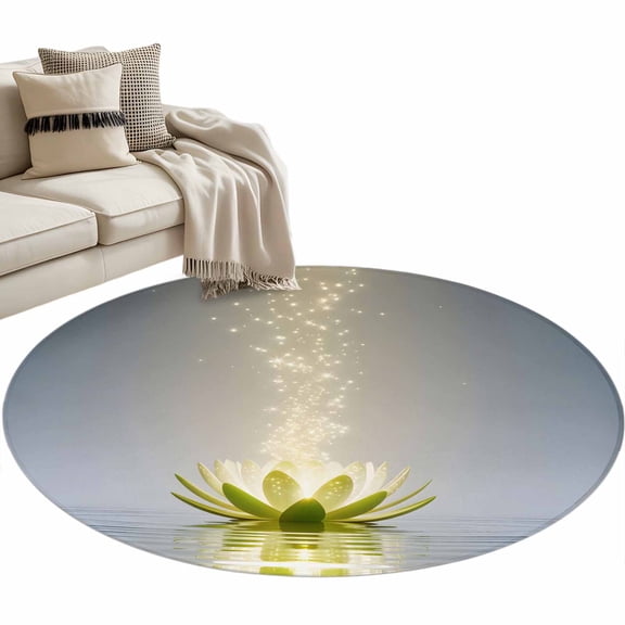 Green Floral Area Rug, Modern Zen Lotus Flower Spiritual Blossom in Water Washable Large Circle Carpet, Non Slip Round Rug for Living Room/Bedroom/Dining Room/Home Office/Dorm