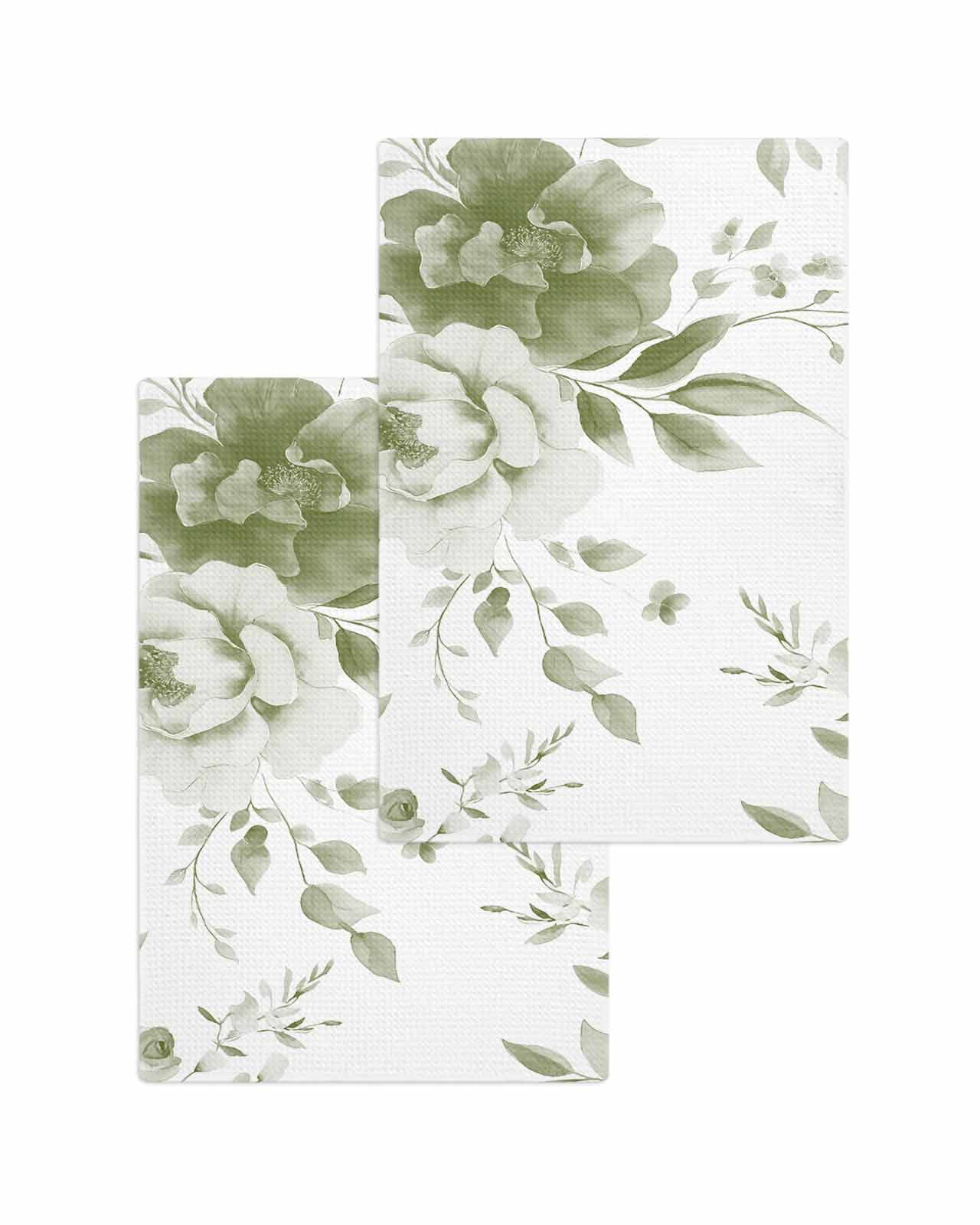 Green Floral Art Kitchen Dish Towels for Drying Dishes Set of 2, Watercolor Botanical Spring Flowers Waffle Weave Microfiber Terry Hand Tea Bathroom Towels Quick Dry & Absorbent Towel 15.7x23.6