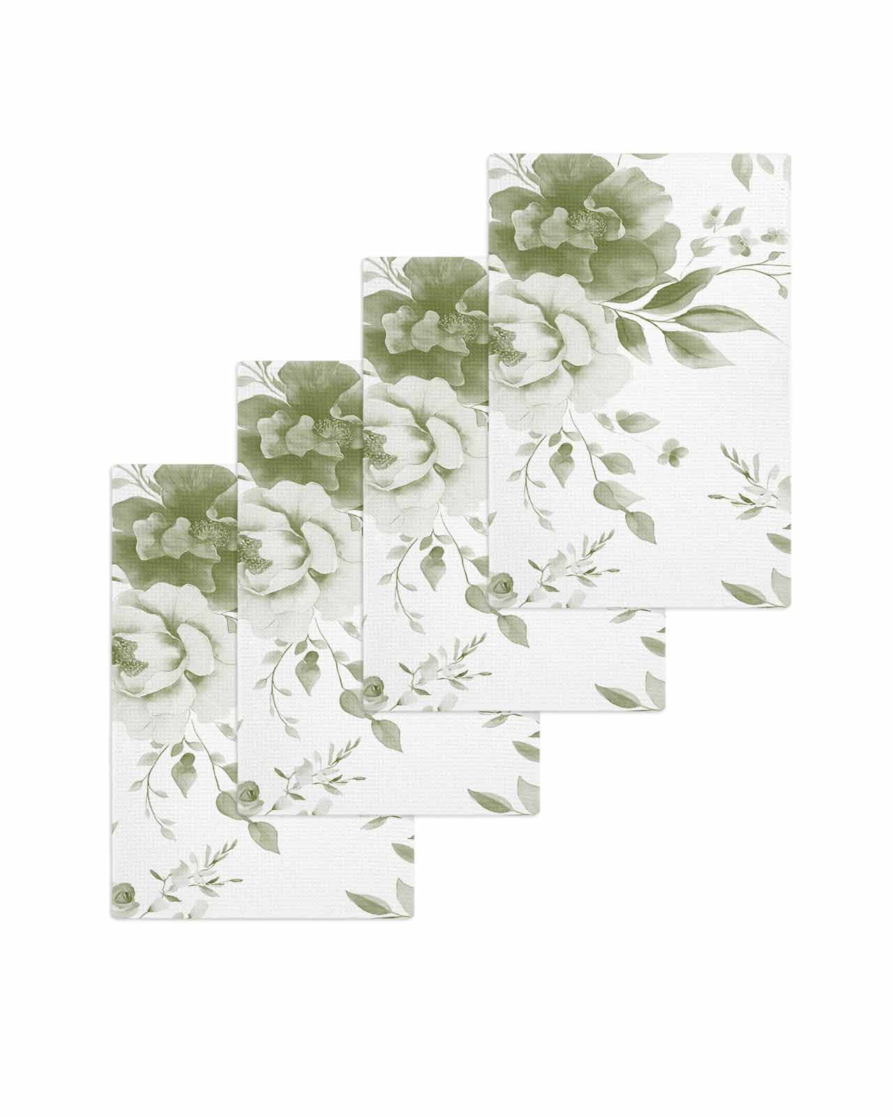 Green Floral Art Kitchen Dish Towels for Drying Dishes Set of 4, Watercolor Botanical Spring Flowers Waffle Weave Microfiber Terry Hand Tea Bathroom Towels Quick Dry & Absorbent Towel 15.7x23.6