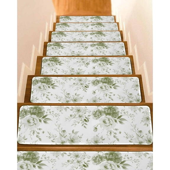 Green Floral Art Stair Treads for Wooden Steps Indoor Runner Rug Carpet, Watercolor Botanical Spring Flowers 4 Pieces Peel and Stick Staircase Step Treads Covers Washable Throw Door Mats, 30"x8"