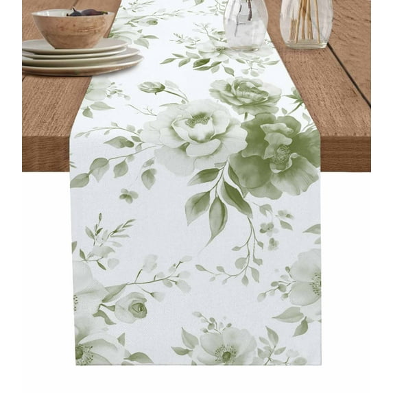 Green Floral Art Table Runner Cotton Linen 48 Inch Holiday Dresser Scarves, Watercolor Botanical Spring Flowers Tablerunner for Kitchen Coffee Dining Bedroom Living Room Dinner Scarf Décor 13''x48''