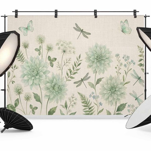 Green Floral Backdrop for Photography, Summer Spring Green Dragonfly Butterfly Linen Texture Photo Backdrop Portrait Background Party Banner Photo Backgrounds for Studio Booth Props, 7x5ft