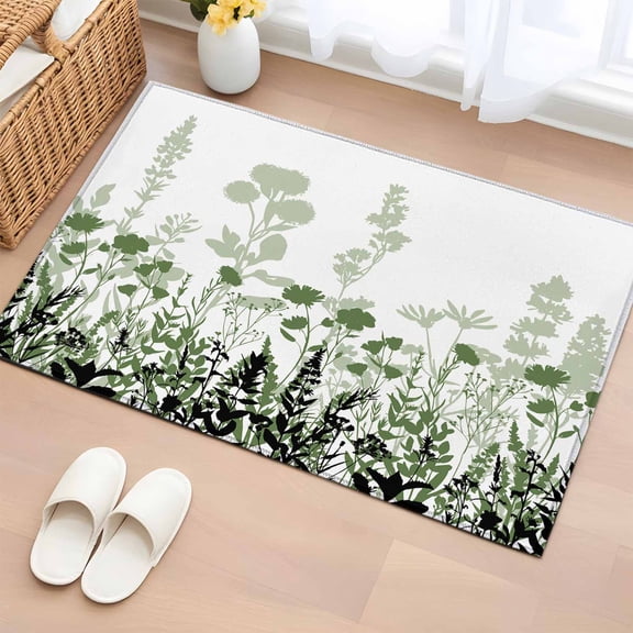 Green Floral Bathroom Rug Washable 2x3 Entryway Rug Non Slip Spring Flowers Herb Silhouette Farmhouse Front Door Mat Low Pile Indoor Doormat Throw Floor Carpet for Kitchen Bedroom Entrance