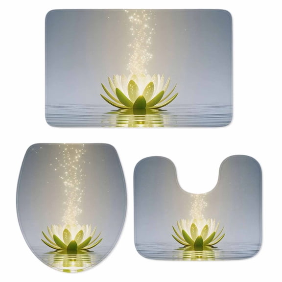 Green Floral Bathroom Rugs Set Modern Zen Lotus Flower Spiritual Blossom in Water Non Slip Absorbent Soft Bath Mats 3 Piece Set with Bathroom Rug, U-Shaped Floor Mat, Toilet Seat Cover Small Size