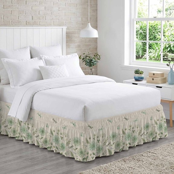 Green Floral Bed Skirt King Size 18 Inch Drop, Summer Spring Green Dragonfly Butterfly Linen Texture Adjustable Elastic Dust Ruffles Bedskirt for King Bed Wrap Around Pleated Mattress Frame Cover