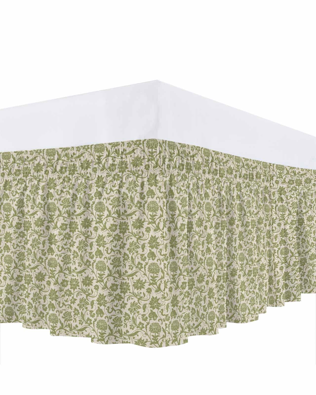 Green Floral Bed Skirt Queen Size 18 Inch Drop, Vintage Spring Flower Bohemian Green Flowers Leaf Adjustable Elastic Dust Ruffles Bedskirt for Queen Bed Wrap Around Pleated Mattress Frame Cover