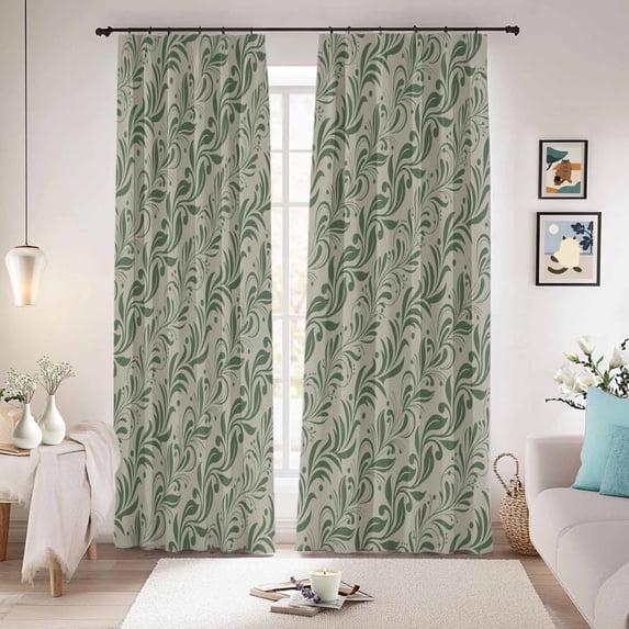 Green Floral Blackout Curtains for Bedroom/Living Room, Pinch Pleated Black Out Curtains, Spring Flowers Pattern Botanical Vintage Room Darkening Window Drapes with Hooks 2 Panels, 59"x70"