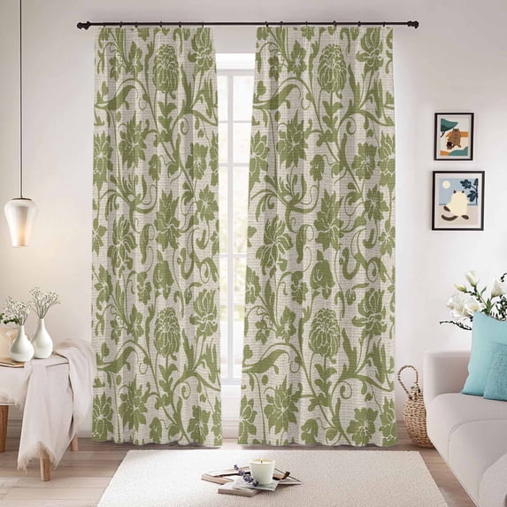 Green Floral Blackout Curtains for Bedroom/Living Room, Pinch Pleated Black Out Curtains, Vintage Rustic Botanical Spring Room Darkening Window Drapes with Hooks 2 Panels, 39"x70"